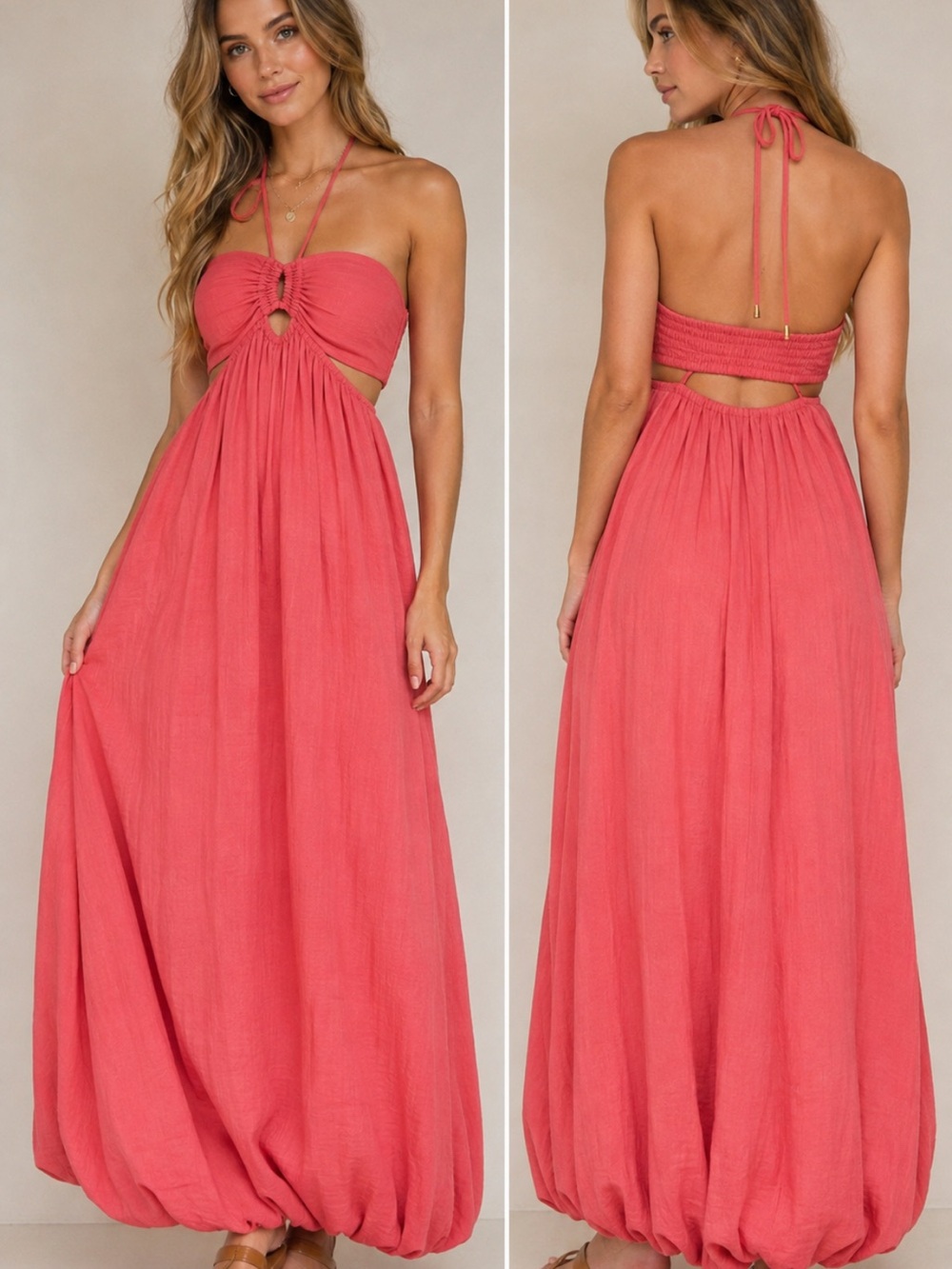 Fashion Nova Coral Halter Maxi Dress with Bubble Hem